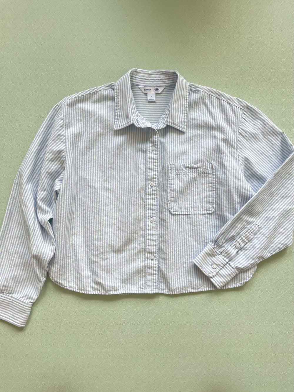Blue & White Striped Cropped Button-Up Shirt